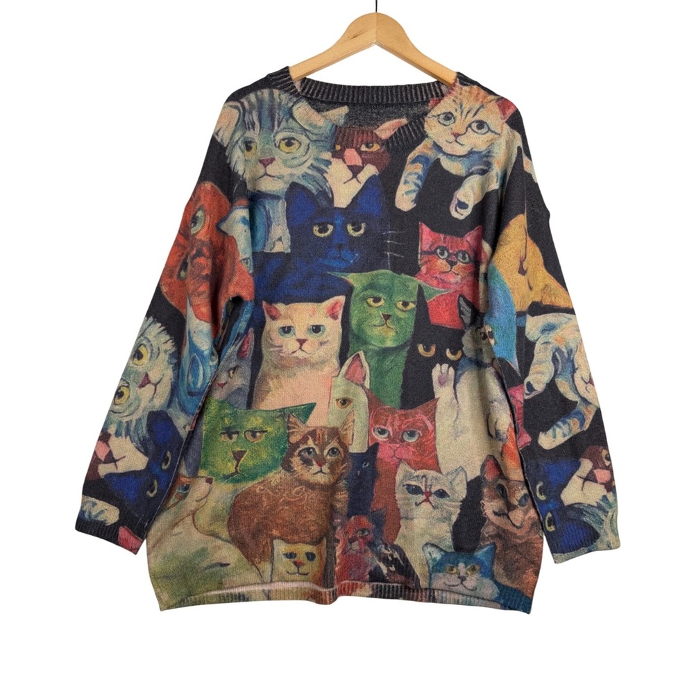 Yesno Allover Cat Print Wool‎ Blend Crewneck size XXL Multicolor